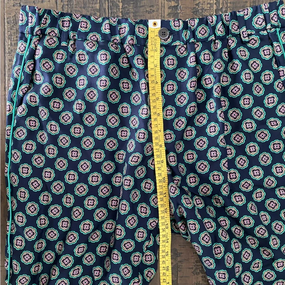 J.Crew Printed Slim (100%) Silk Pants | Navy & Green Pattern | Size 12 Like New